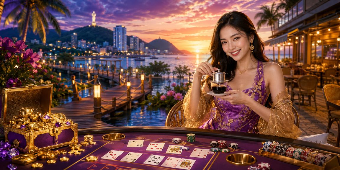 Người chơi tham gia baccarat tại Vũng Tàu với ly cà phê và thiết bị di động